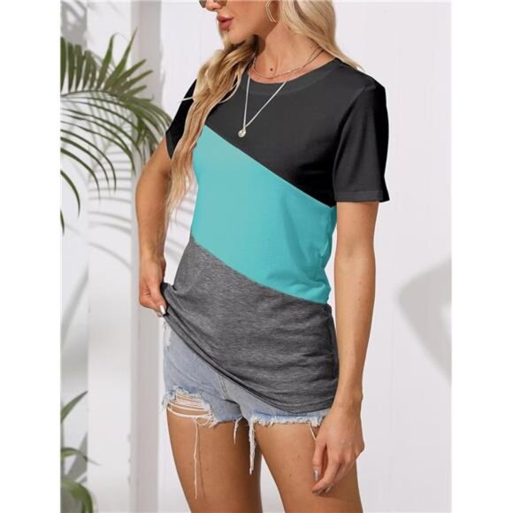 Women's T Shirts Short Sleeve Color Block/Solid Tops Casual Summer Tees - Picture 3 of 6